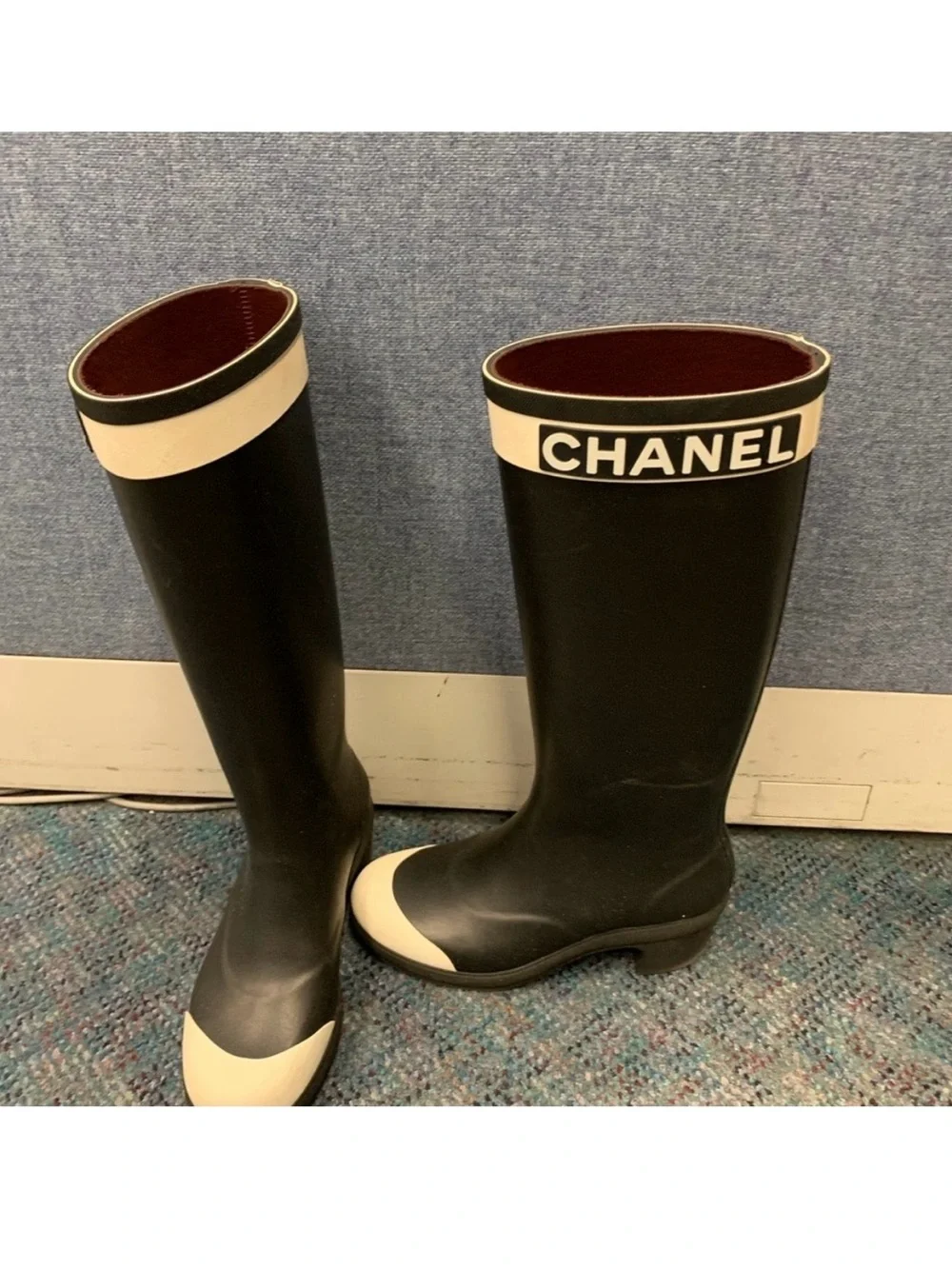 CHANEL Black and Cream Tall Women's Rain Boots